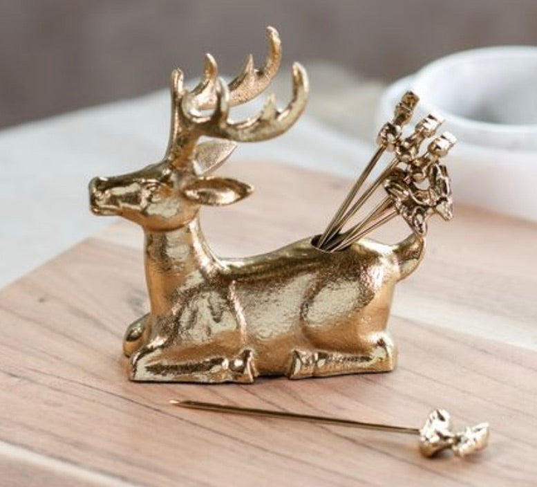 Gold Reindeer Toothpick Holder + Picks
