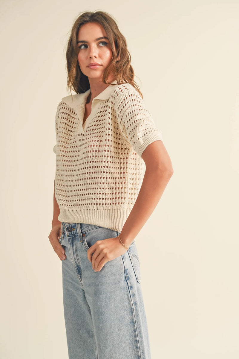 Marlow Crochet Knit Collard Top - Cream