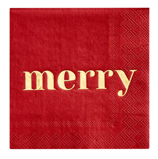 Merry Cocktail Napkin - Red + Gold