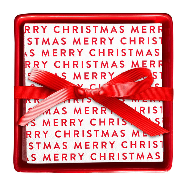 Red Ceramic Napkin Tray + Merry Christmas Napkins