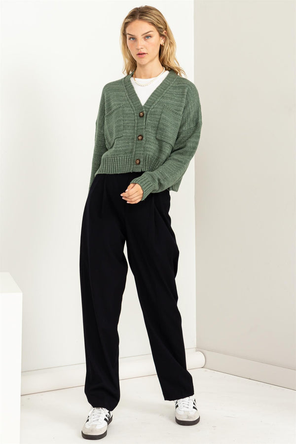 Avery Cropped Cardigan Sweater in Gray Green