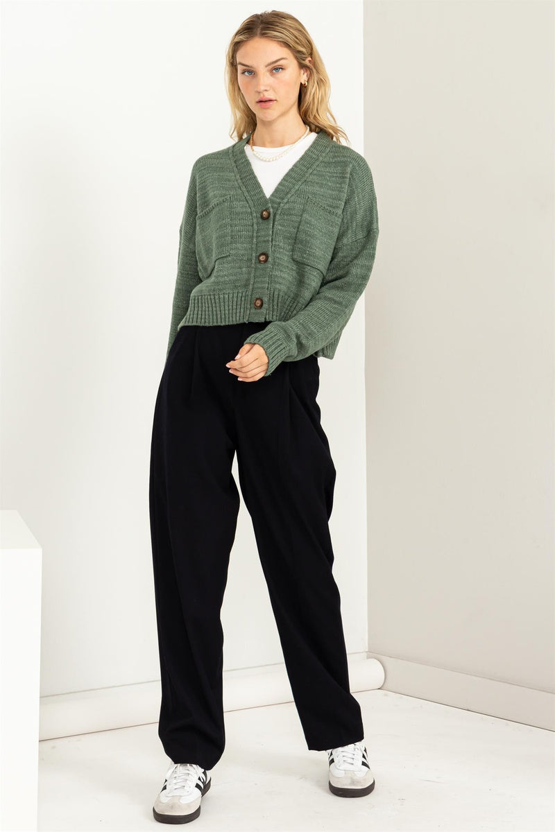 Avery Cropped Cardigan Sweater in Gray Green
