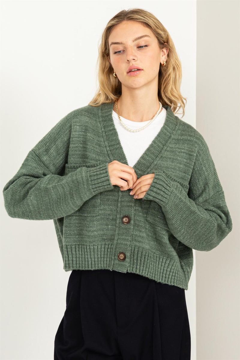 Avery Cropped Cardigan Sweater in Gray Green