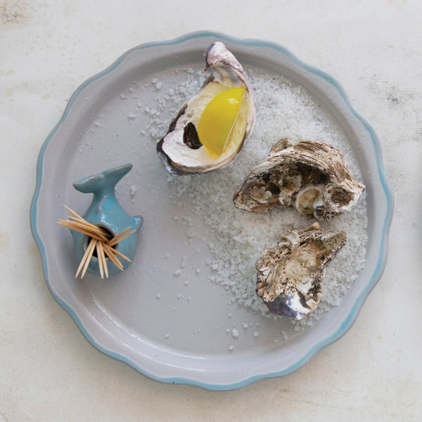 Blue Rimmed Stoneware Plate with Whale Toothpick Holder