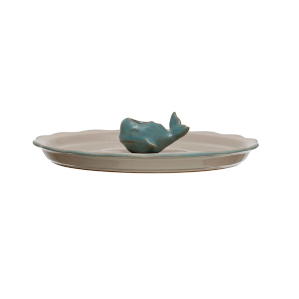 Blue Rimmed Stoneware Plate with Whale Toothpick Holder