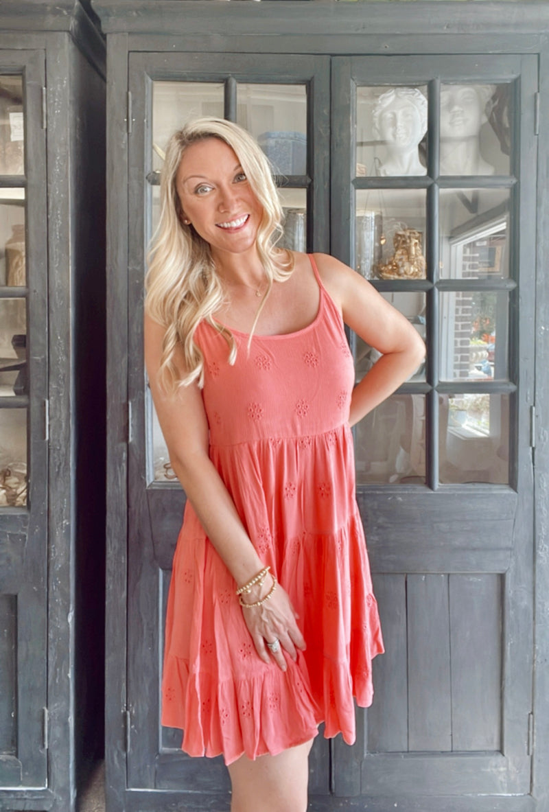 Eyelet Tie Back Dress - Coral